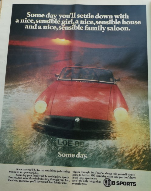 An advert for an MG car from August 1980 shows a small red vehicle driving through a large puddle. Its headlights are on and there is a dark sky with a red sunset behind it.