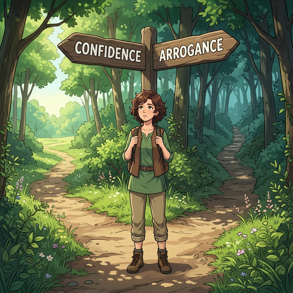 Person standing at a forest fork with signs pointing to confidence and arrogance