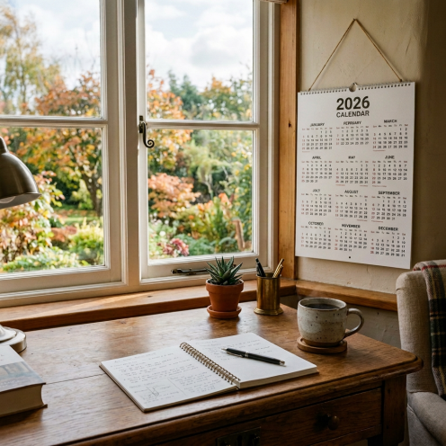 2026 calendar on wall beside window over wooden desk with notebook, pen, plant, and mug