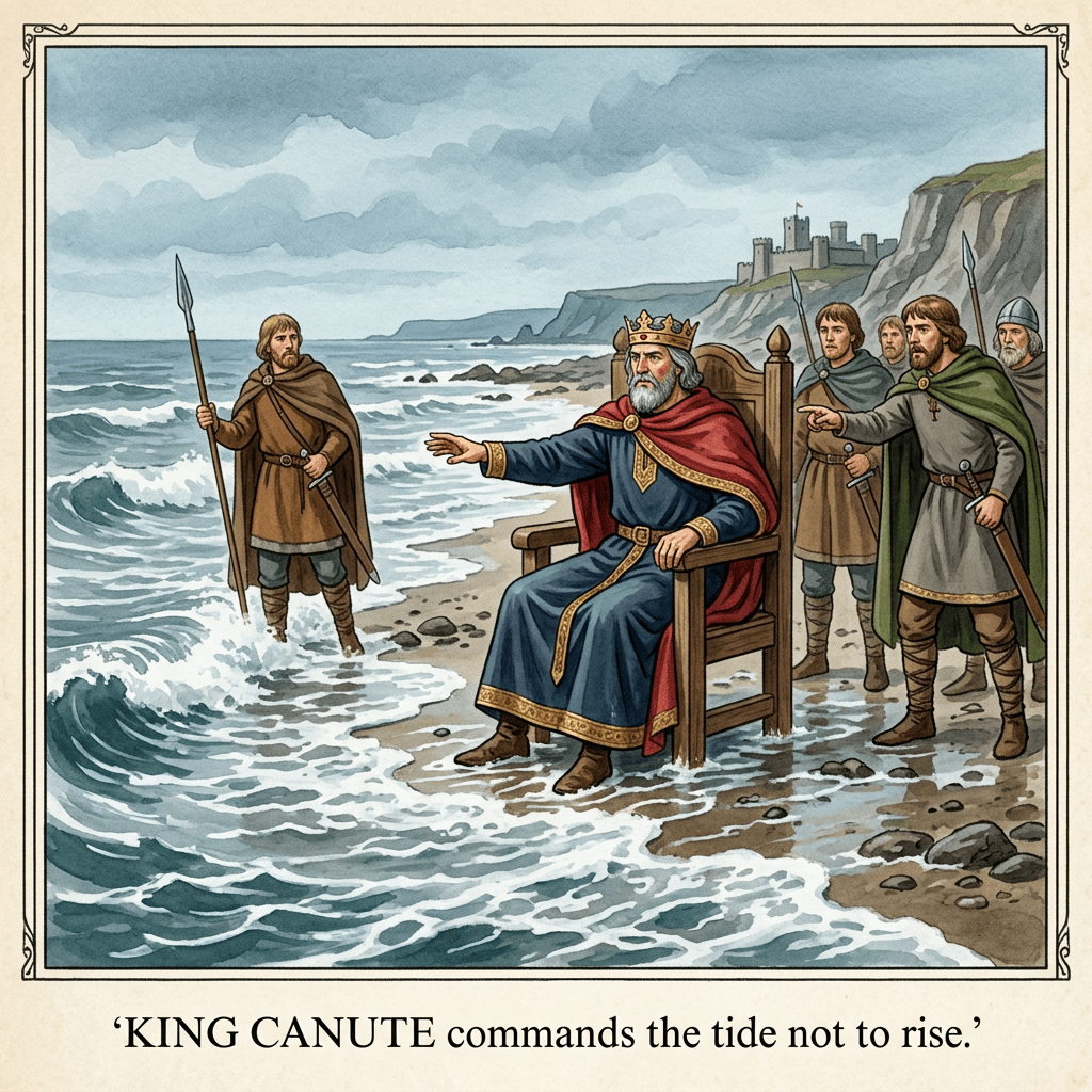 King Canute seated before the sea with guards, castle, and caption “KING CANUTE commands the tide not to rise.”